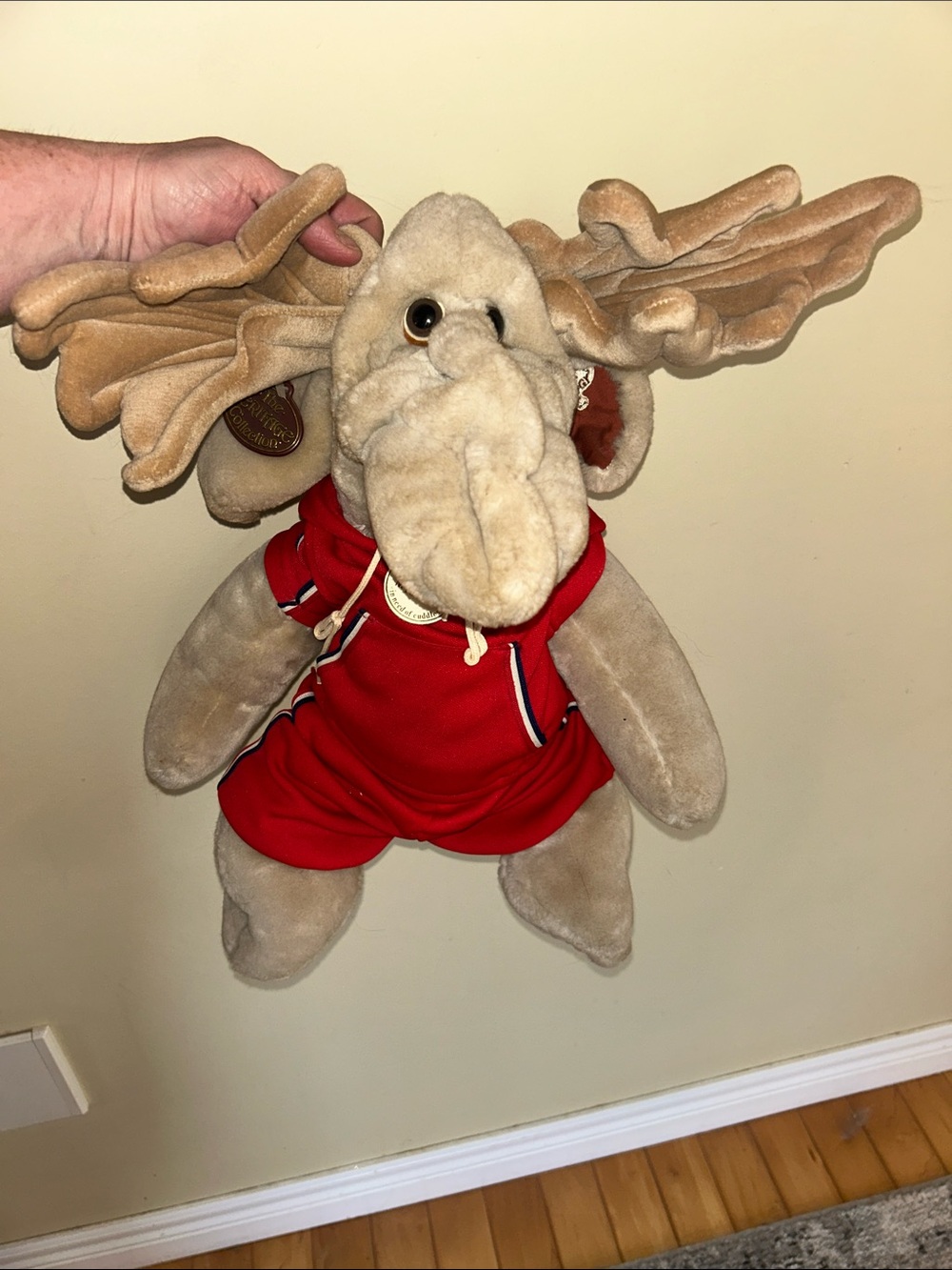 Plush Moose Stuffed Animal in Beige with Red Outfit
